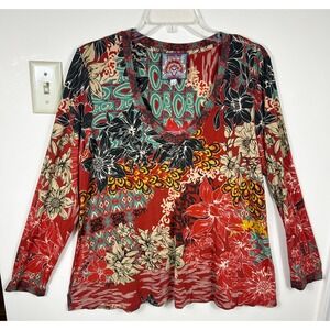 Johnny Was Ikat Patch Favorite Long Sleeve Swing Tee Top Women L Red Bamboo BOHO